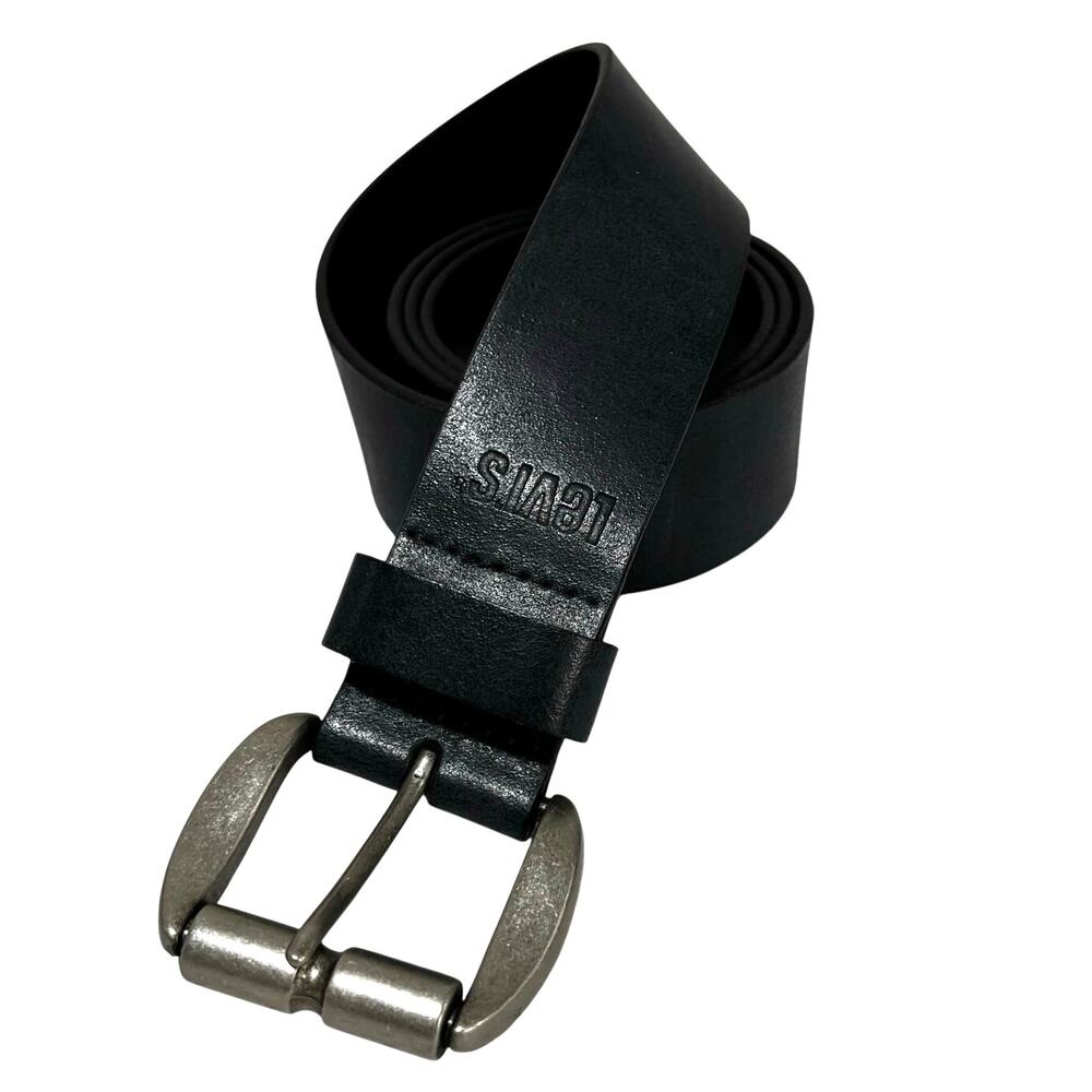 Levi’s black leather belt unisex size 38 brushed nickel buckle classic casual